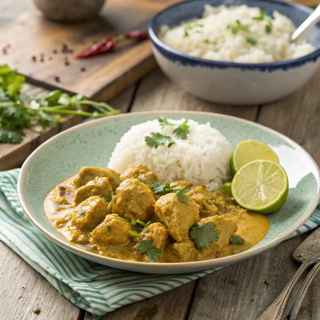 Poulet Au Curry Une Recette Simple Et Gourmande 6 Plat complet de poulet au curry crémeux avec riz blanc et citron vert sur table en bois