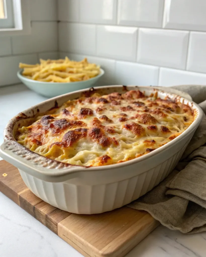 Croziflette Maison Recette Saveur Unique Et Riche 4 croziflette gratinée dans un plat en céramique sur planche en bois