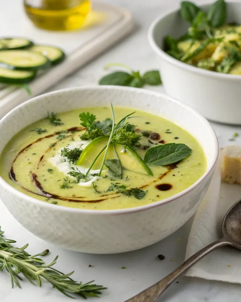 Recette Courgette Collection Complete Du Jardin A L'Assiette 4 Velouté de courgette crémeux aux herbes, servi en bol blanc