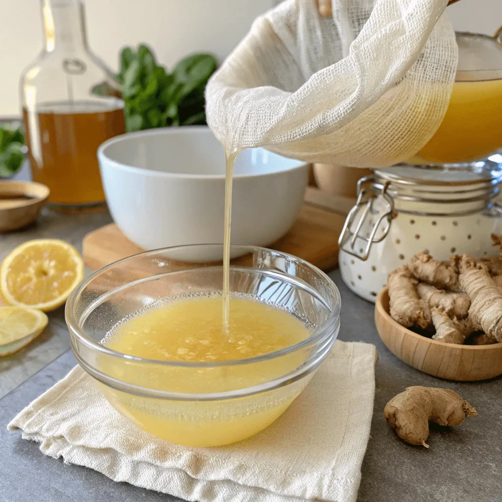 Recette jus de gingembre maison : simple, frais et plein de vitalité 5 Miel versé dans une préparation au citron et gingembre.