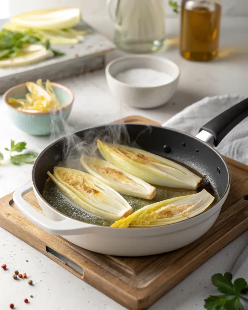 Endives Braisees Faciles Special Famille 4 endives en train de dorer à la poêle