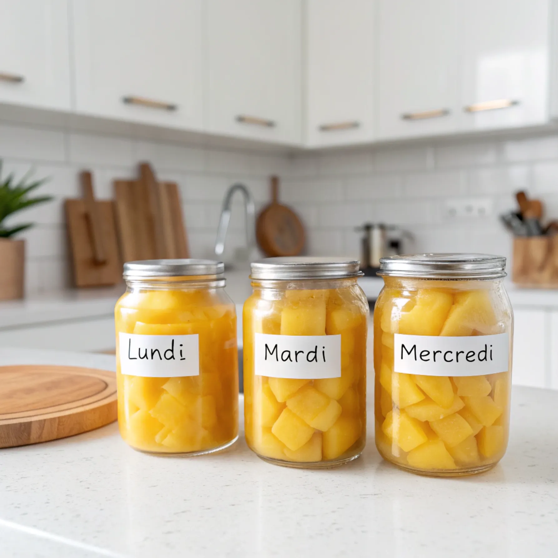 Top 1 Smoothie Mangue : Secrets Nutritionnels Pour Votre Bien Etre 7 bocaux de smoothie mangue avec jours de la semaine étiquetés