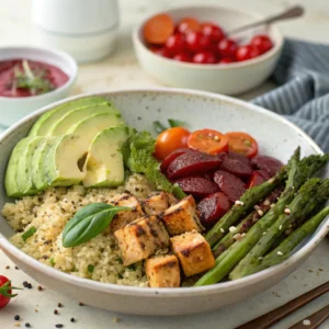 Salade avocat colorée et végétalienne avec quinoa, tofu mariné, patate douce, asperges grillées et tomates cerises