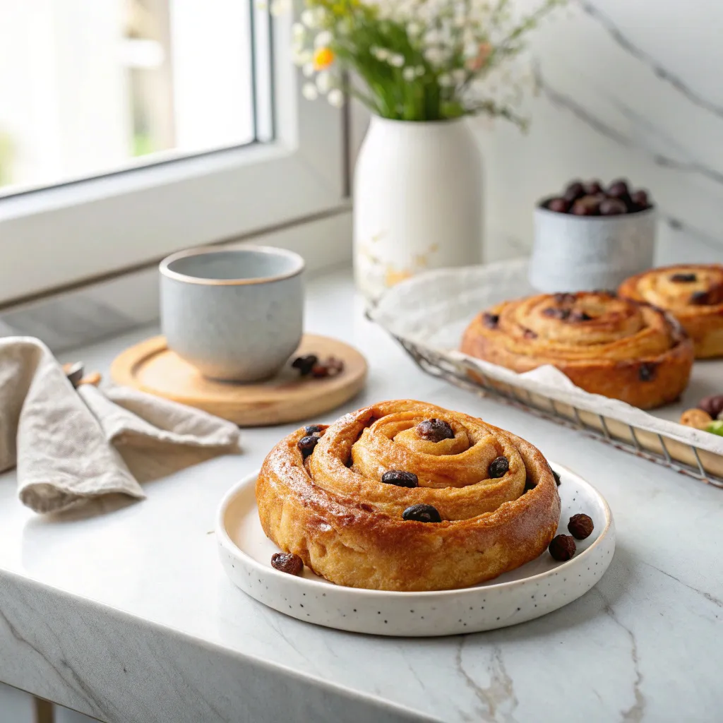 Calorie Pain Aux Raisins : TOP 1 Guide Nutritionnel Complet 4 pain aux raisins doré sur assiette blanche en cuisine moderne