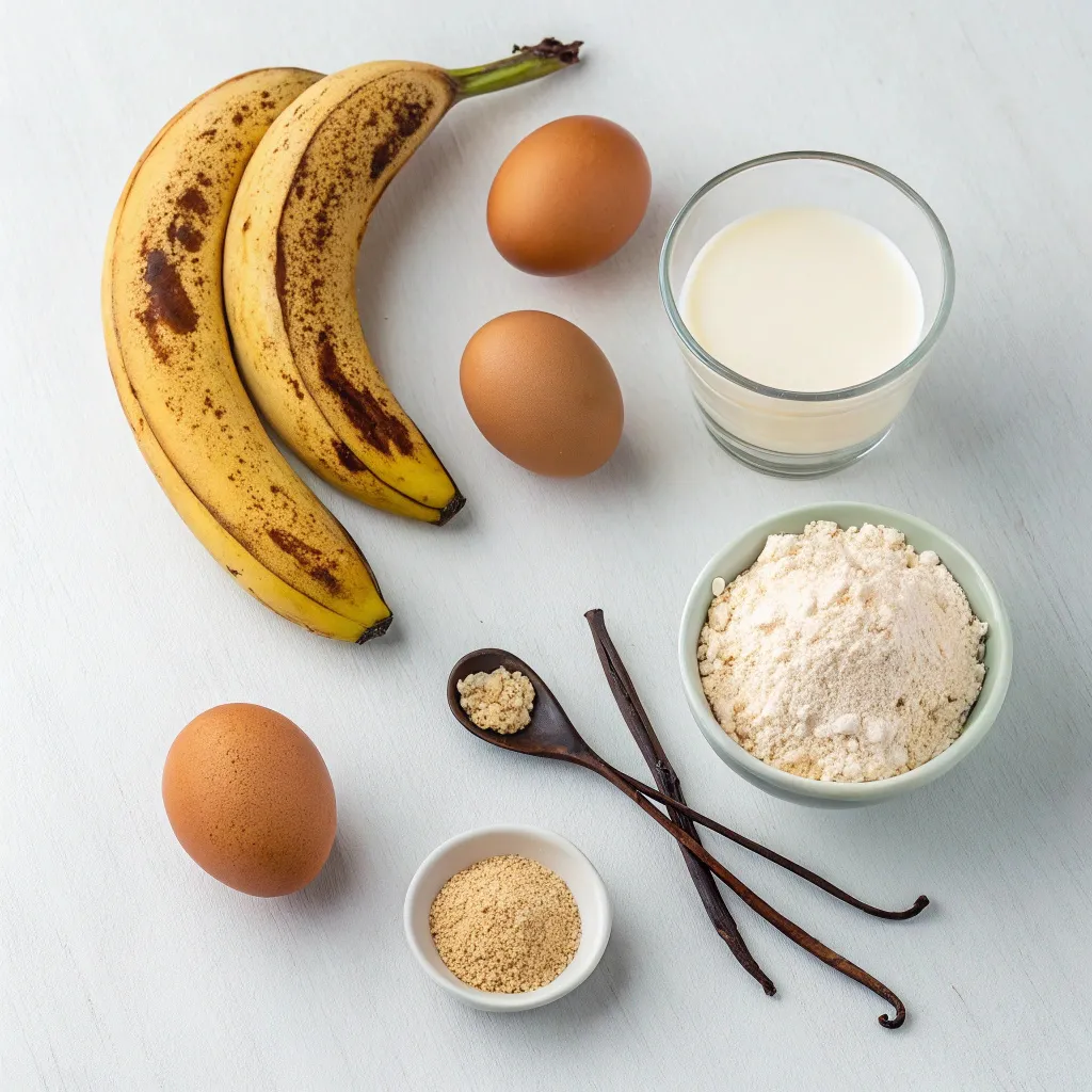 ingrédients pancakes protéiné : whey, avoine, œufs, banane, lait végétal sur fond blanc