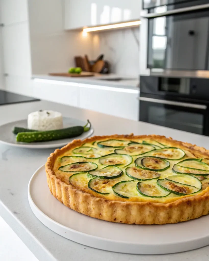 Tarte courgette – recette simple & gourmande 7 Tarte courgette entière dans une cuisine blanche moderne