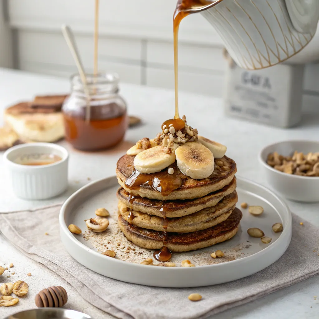 pancakes protéinés sans whey avec banane et sirop, servis dans une cuisine blanche