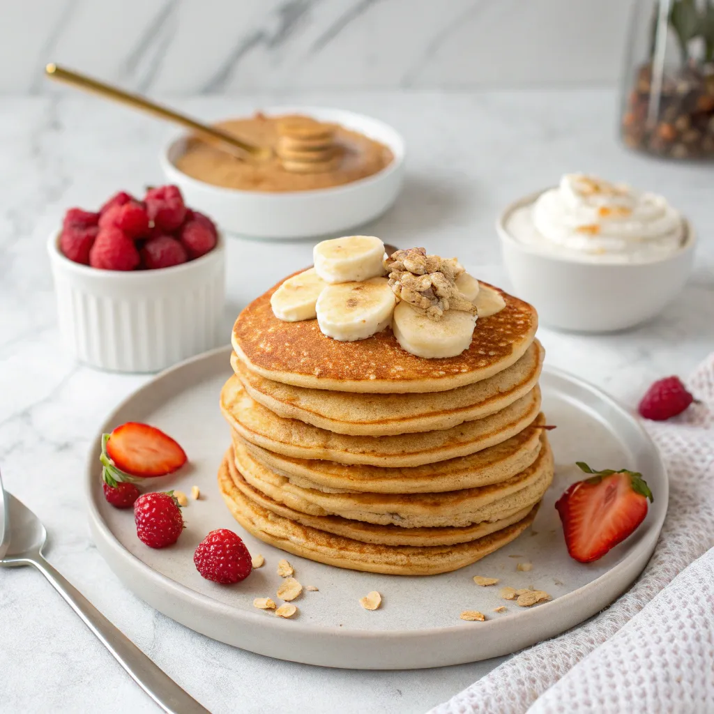 pancakes protéiné maison avec banane, framboise et beurre d’amande dans une cuisine blanche