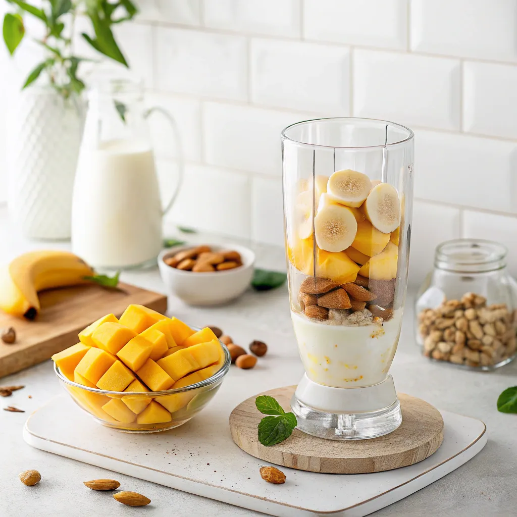 Top 1 Smoothie Mangue : Secrets Nutritionnels Pour Votre Bien Etre 4 préparation smoothie mangue banane dans un blender transparent