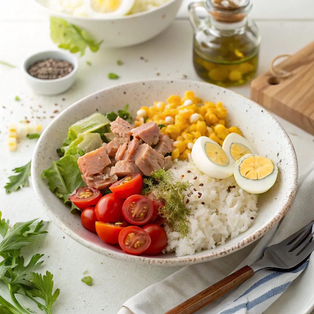 Top 1 Recette Salade Composée Inratable Et Ultra Simple 4 salade healthy avec thon, riz, maïs, œuf dur et tomates