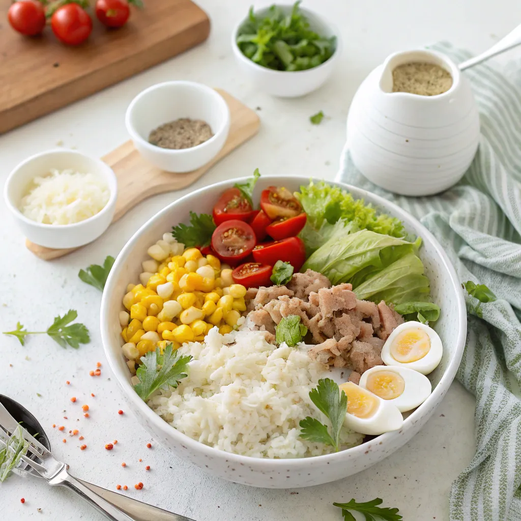 Top 1 Recette Salade Composée Inratable Et Ultra Simple 3 salade faite maison avec riz blanc, maïs, œuf dur, thon et salade verte