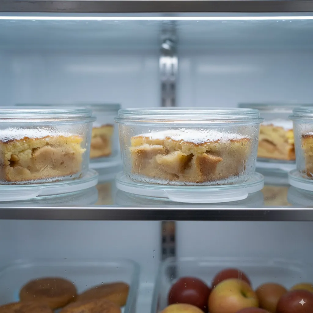Part de clafoutis aux pommes conservée dans un récipient hermétique