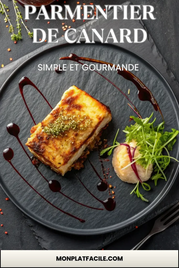Parmentier de canard dressé à l’assiette avec sauce et salade, style restaurant gastronomique