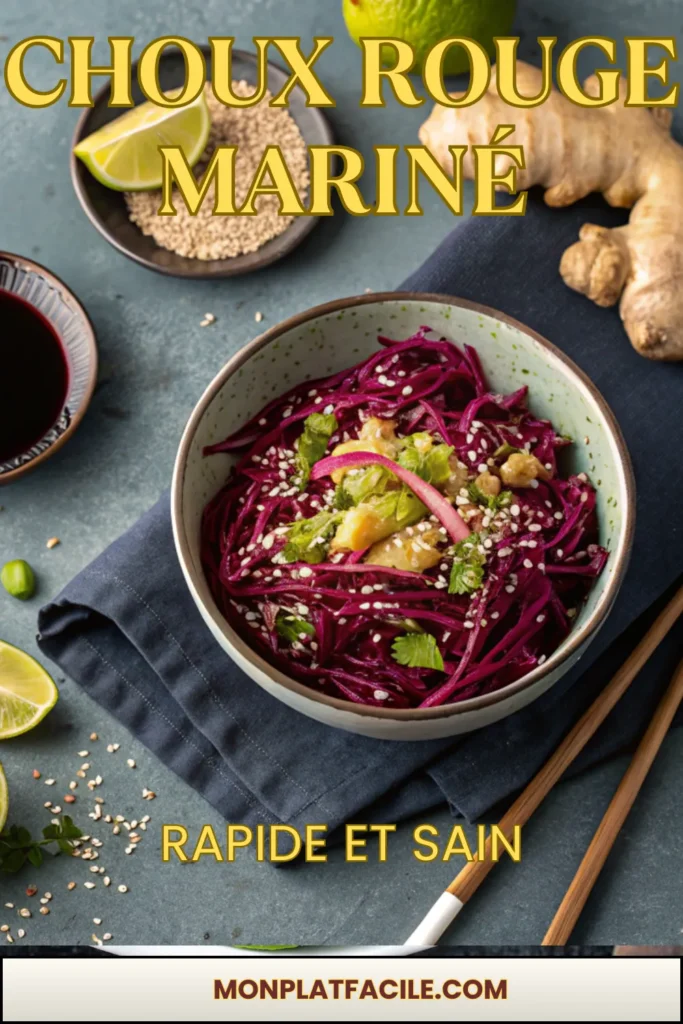 Recette de choux rouge mariné rapide et sain dans un bol avec graines de sésame et gingembre