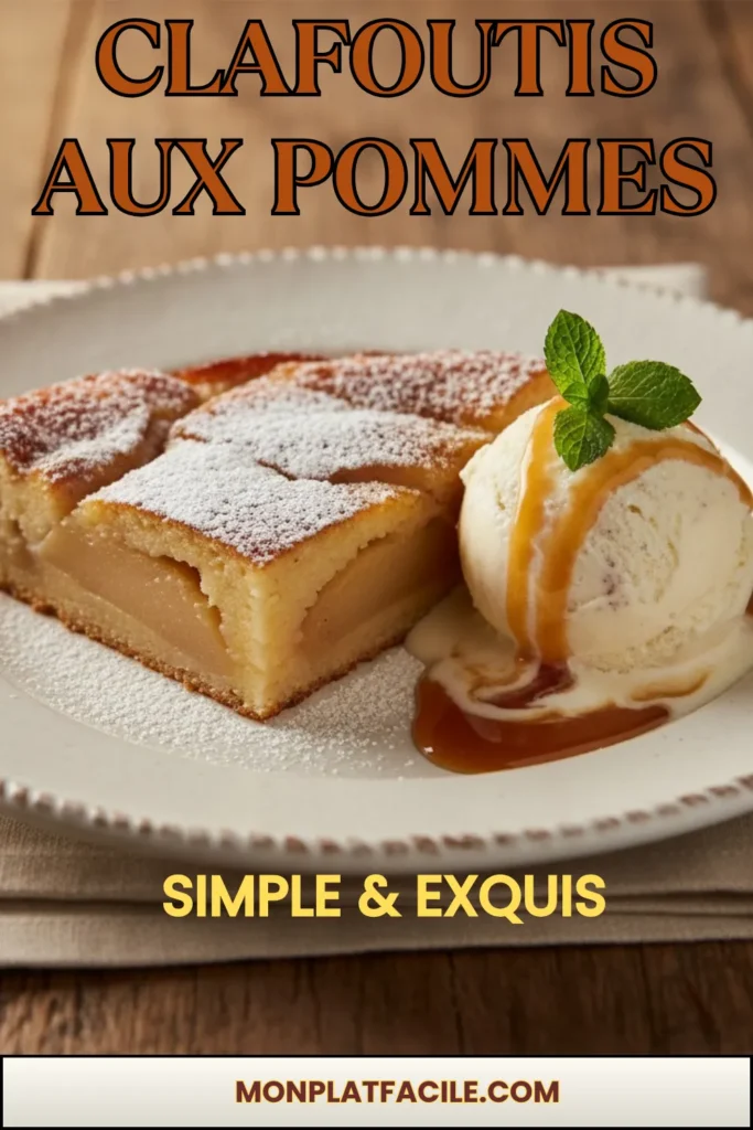 Clafoutis aux pommes servi avec glace vanille et caramel, présentation élégante