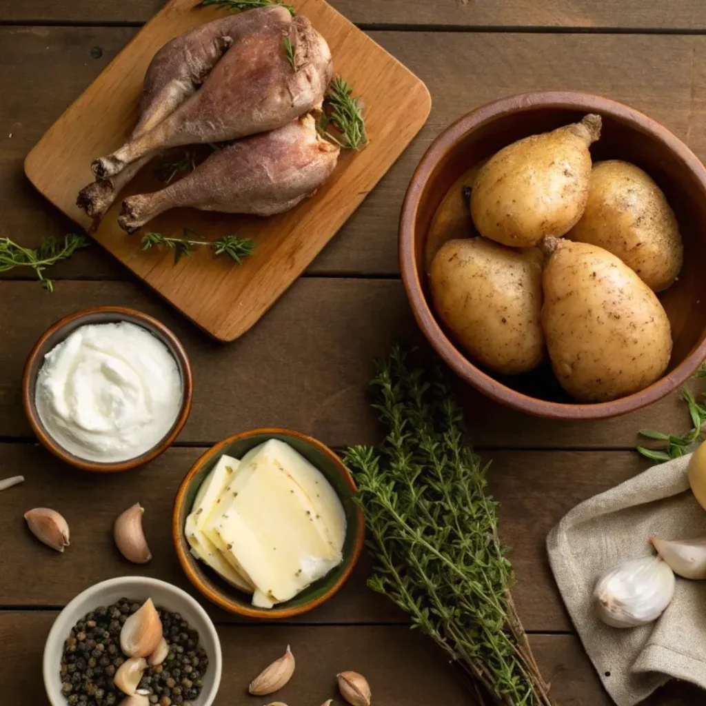 Les ingrédients essentiels pour un parmentier de canard réussi : pommes de terre, cuisses confites, ail et beurre