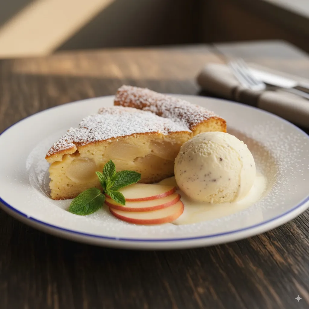 Part de clafoutis aux pommes avec glace vanille