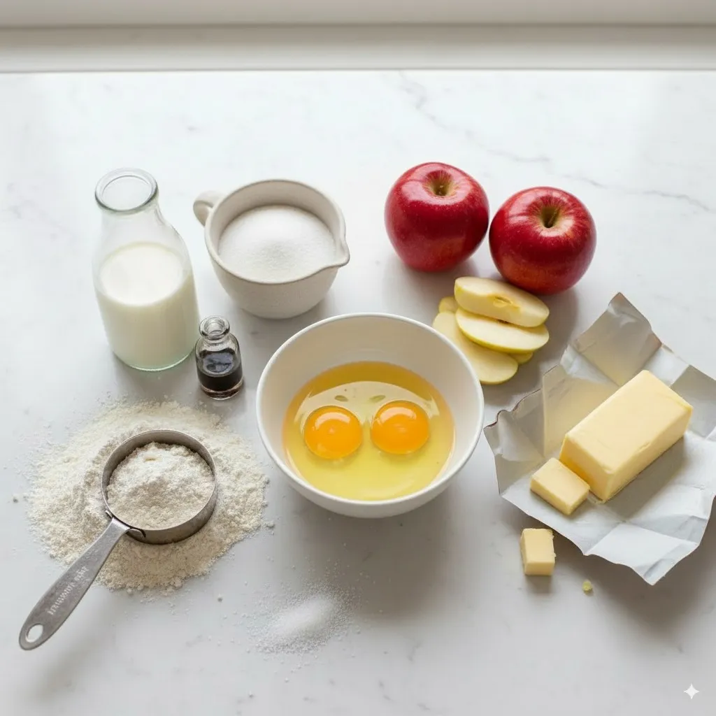 Ingrédients pour clafoutis aux pommes posés sur un plan de travail