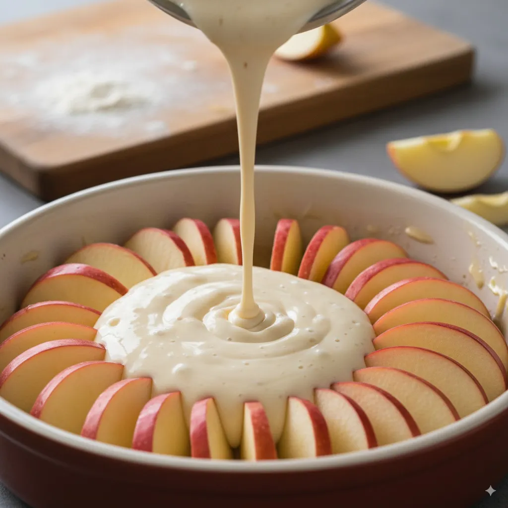 Pâte à clafoutis versée sur des pommes dans un moule