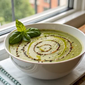 Soupe au pistou crémeuse servie avec pistou et basilic frais