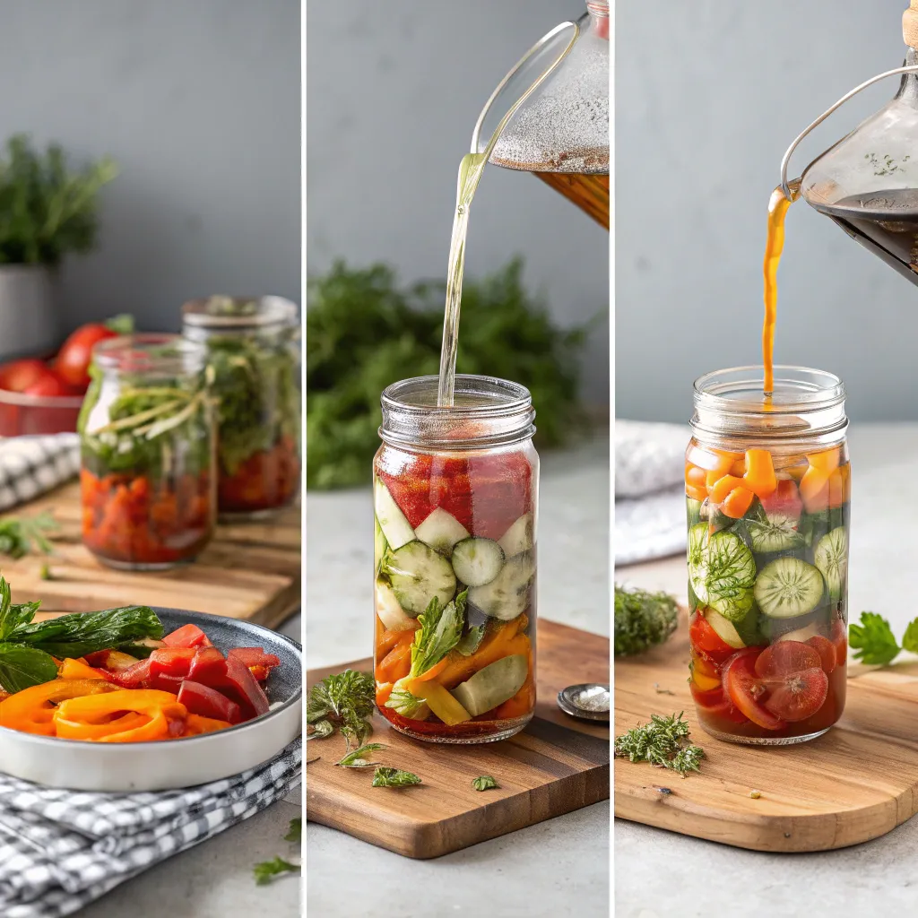 “Plats En Bocaux : Guide Simple Et Recettes Maison Qui Se Conservent Longtemps” 4 Légumes frais coupés et placés dans des bocaux en verre pour conserver en bocaux maison