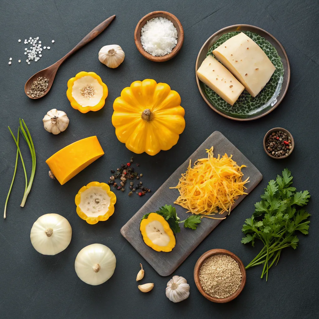Patisson Recette Gratin Aux 4 Fromages 3 Vue de dessus des ingrédients pour la recette du gratin de pâtisson : un pâtisson entier, quatre types de fromages, de l'ail et de la crème sur une table en bois