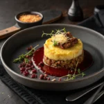 Présentation raffinée de parmentier de canard avec purée maison et confit effiloché, dressage de chef