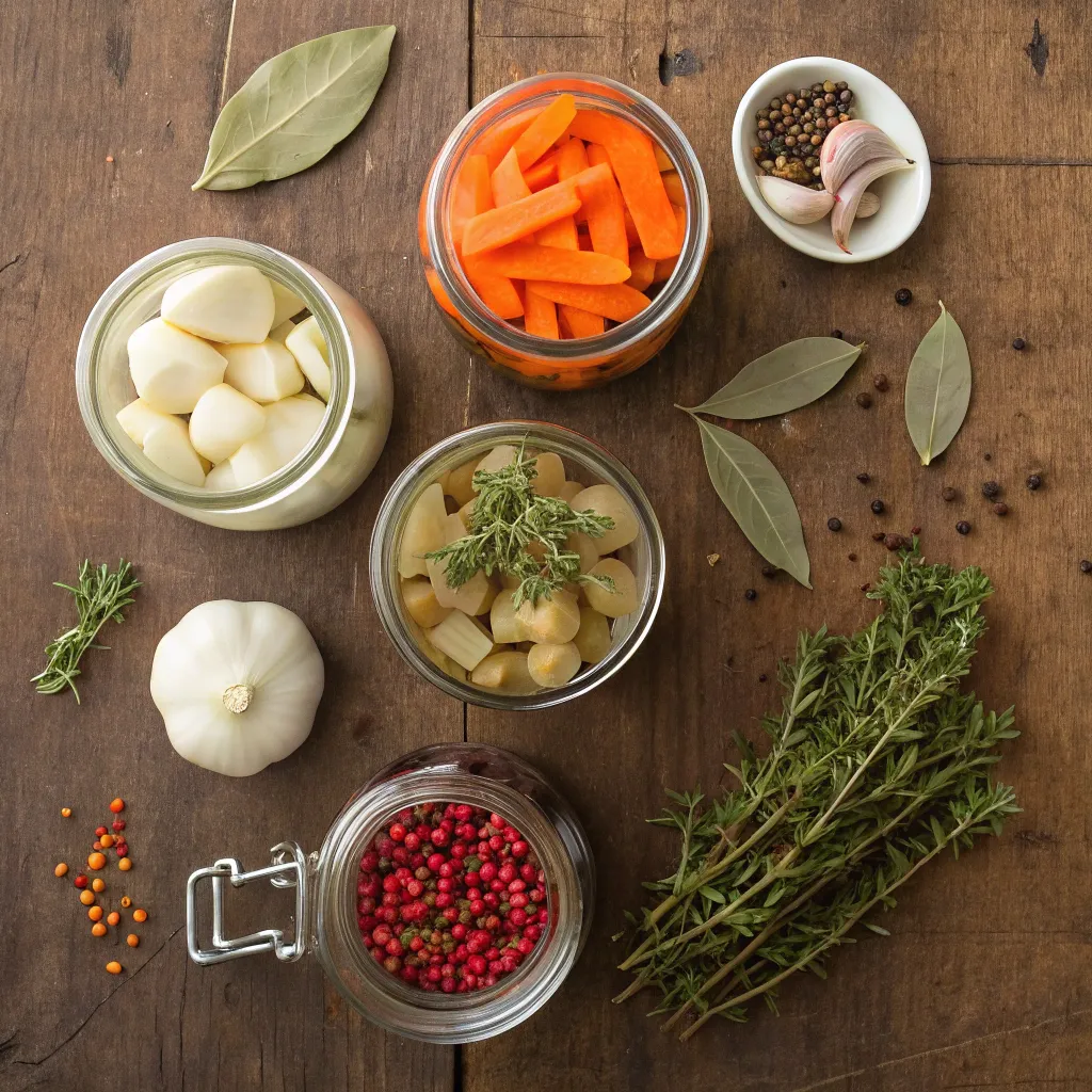 “Plats En Bocaux : Guide Simple Et Recettes Maison Qui Se Conservent Longtemps” 3 Bocaux de légumes crus et herbes fraîches prêts pour la mise en conserve