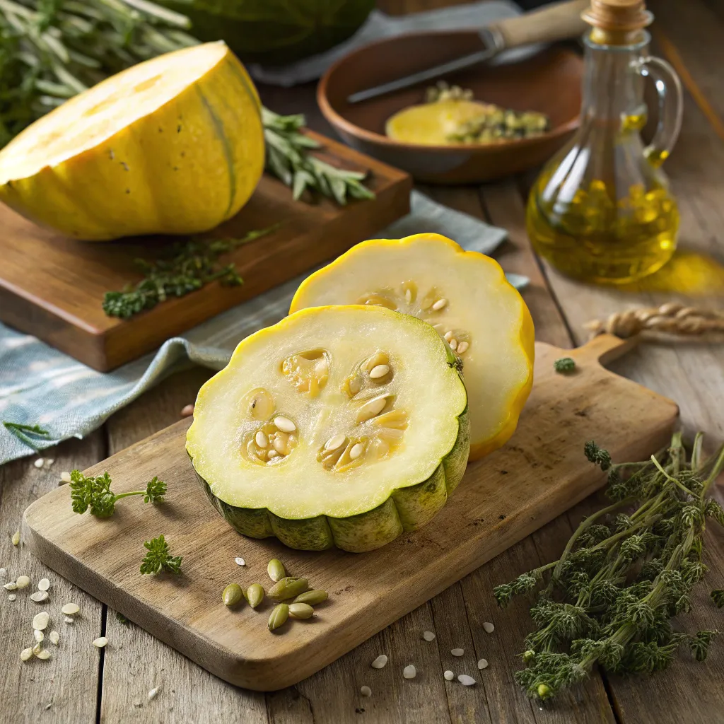 Patisson Recette Gratin Aux 4 Fromages 4 Gros plan sur des pâtissons frais crus, coupés en morceaux, montrant leur chair blanche et leur forme distinctive avant la préparation de la recette de gratin.