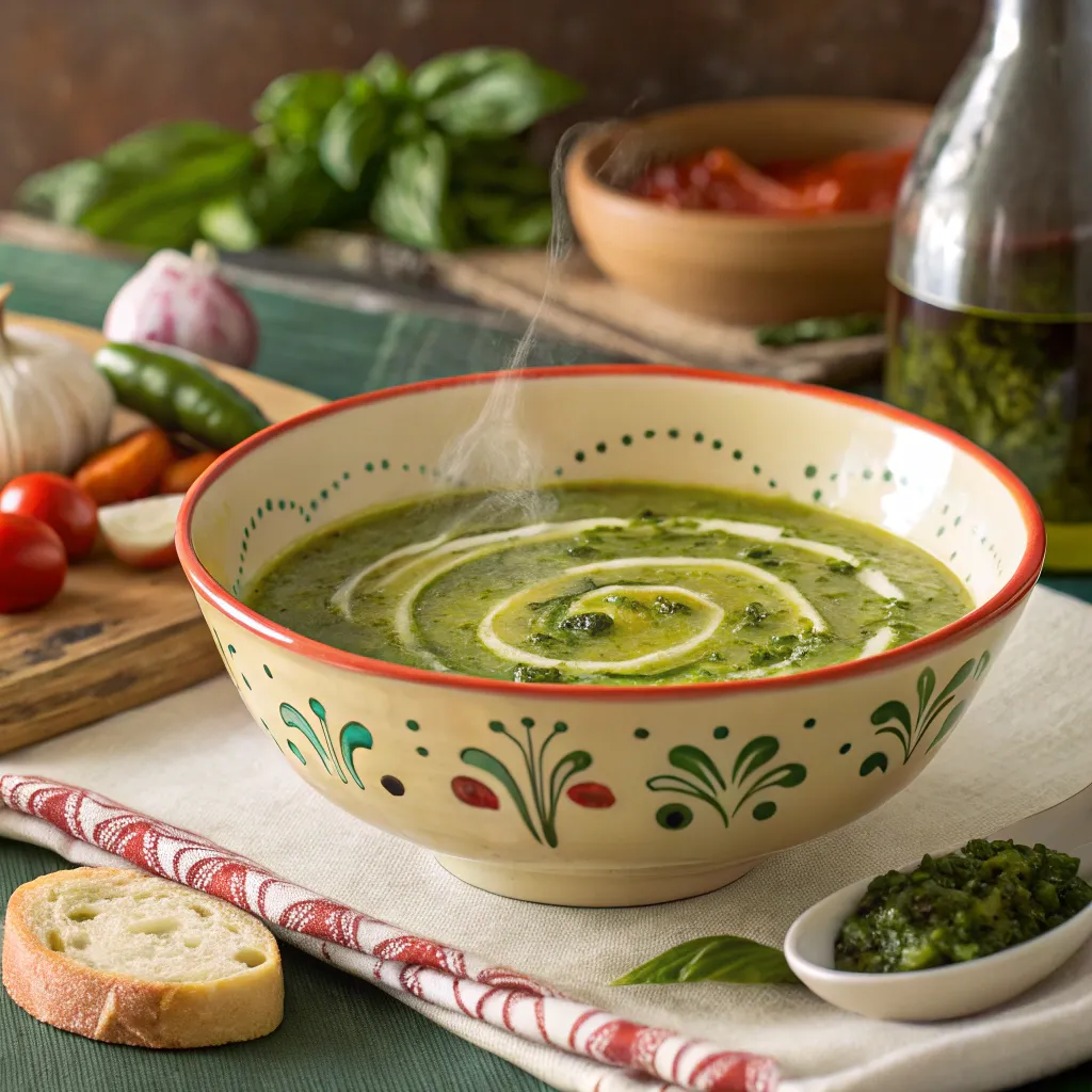 Soupe au pistou : Recette traditionnelle, astuces et secrets provençaux 5 Soupe au pistou fumante servie dans un bol coloré avec pistou