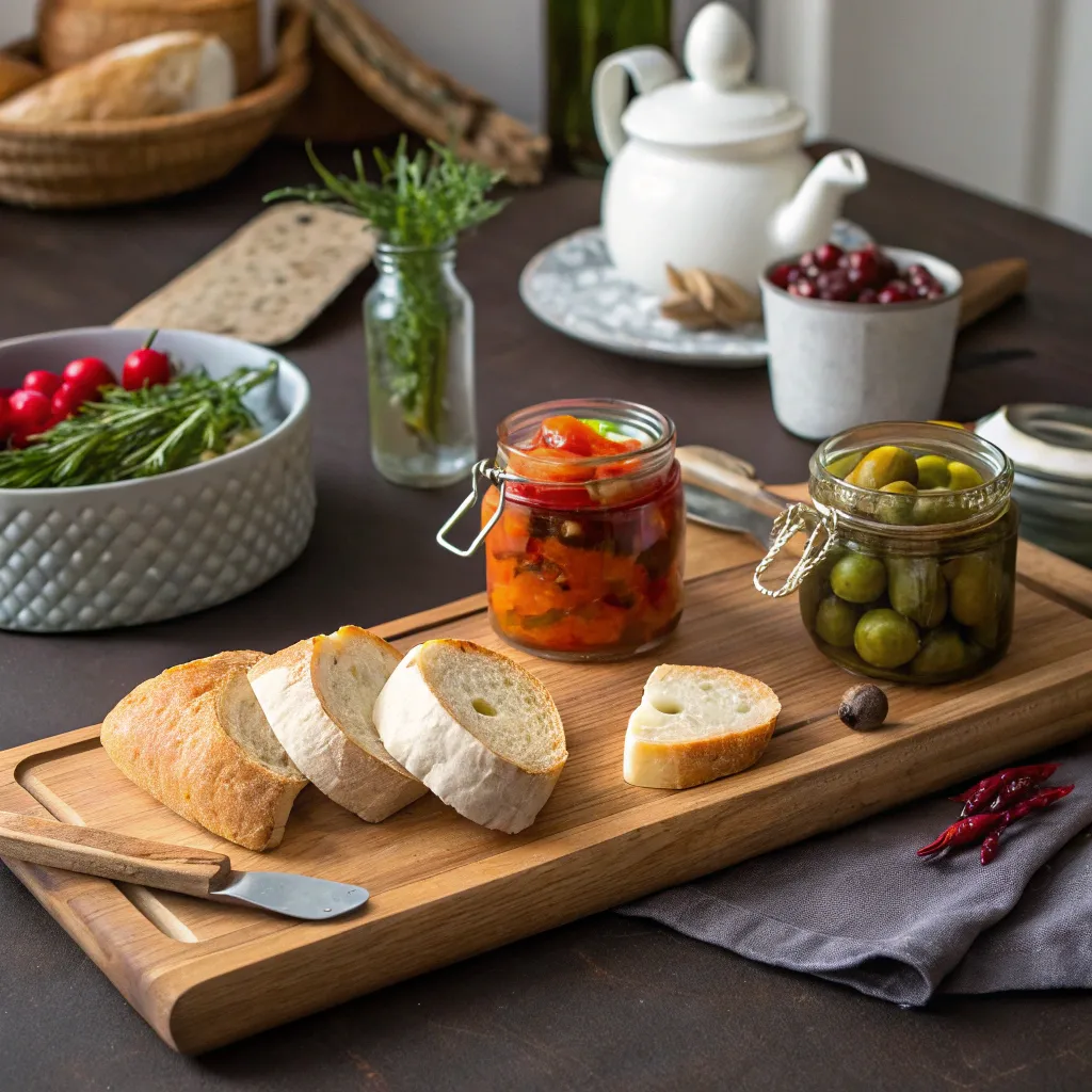 “Plats En Bocaux : Guide Simple Et Recettes Maison Qui Se Conservent Longtemps” 8 Bocaux de légumes marinés servis avec du pain frais pour un apéritif maison