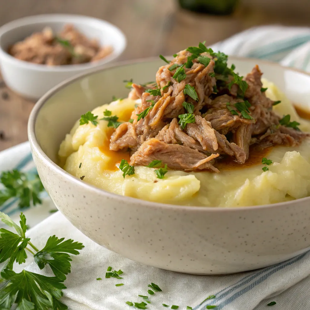 Effiloché de confit de canard sur purée de pommes de terre maison pour un parmentier savoureux