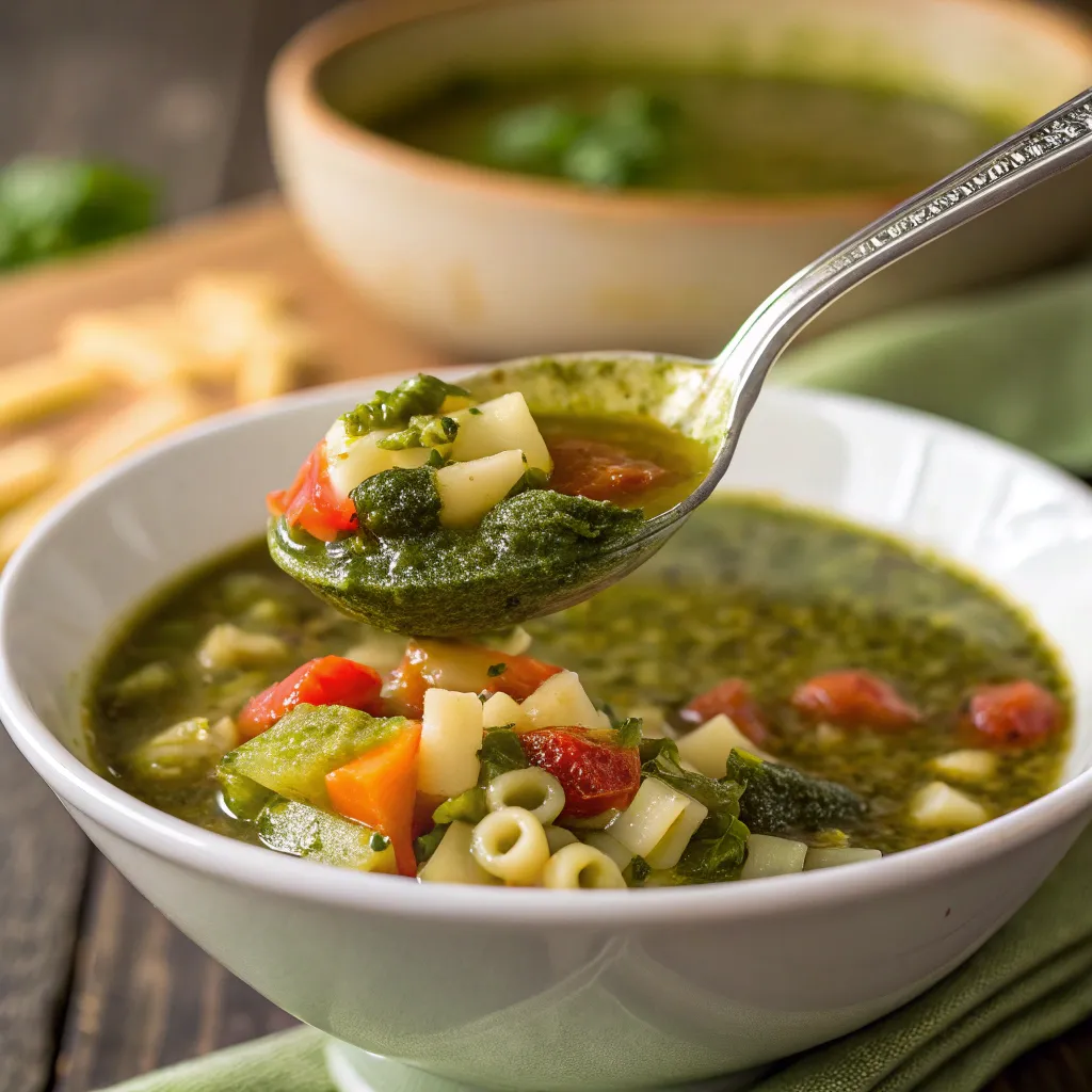Soupe au pistou : Recette traditionnelle, astuces et secrets provençaux 7 Cuillère de soupe au pistou avec légumes d’été et pistou
