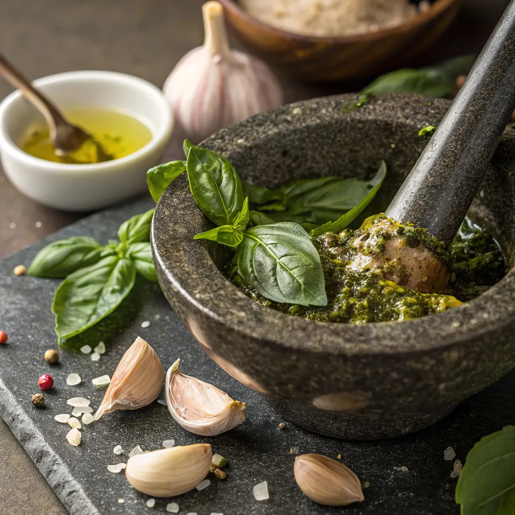 Soupe au pistou : Recette traditionnelle, astuces et secrets provençaux 4 Pistou maison dans un mortier avec basilic frais et ail
