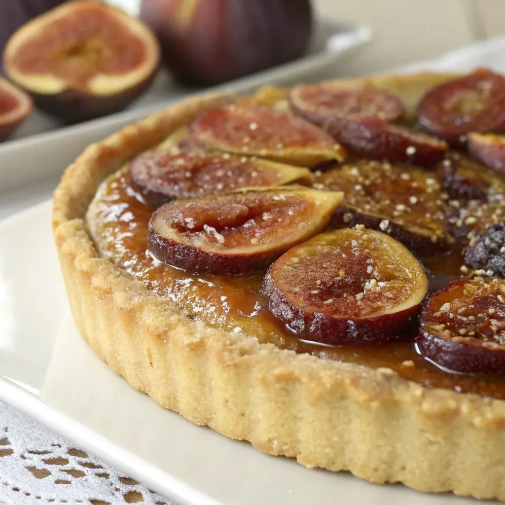 tarte aux figues fraiches gros plan avec pâte sablée dorée
