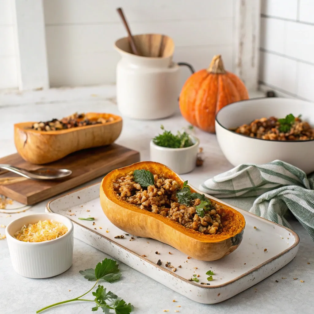 Butternut Farcie : Élégante, Simple, Savoureuse 6 butternut farcie au four avec viande et herbes