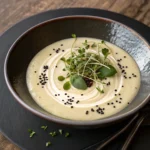 soupe chou fleur crémeuse dans une assiette raffinée garnie de jeunes pousses