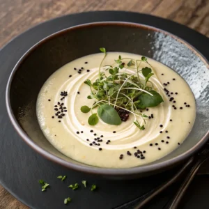 soupe chou fleur crémeuse dans une assiette raffinée garnie de jeunes pousses