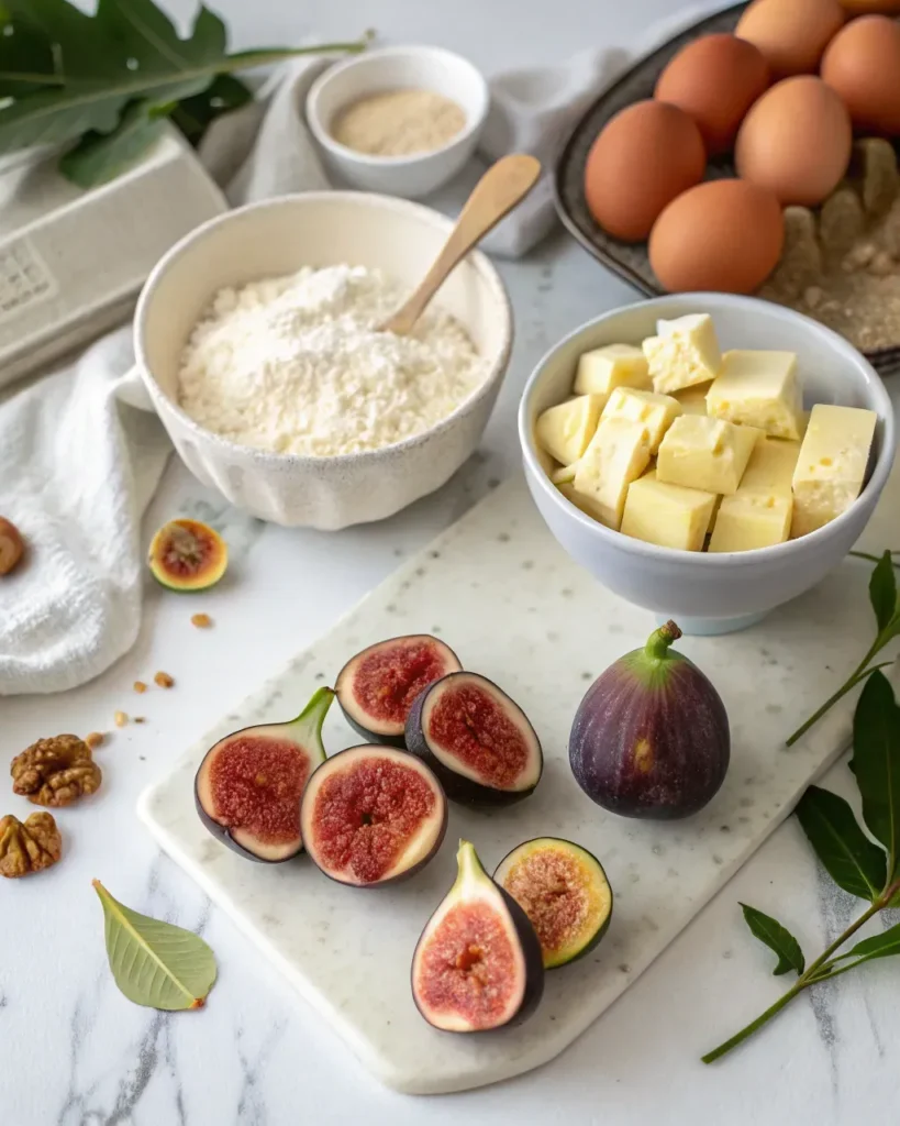 ingrédients pour tarte aux figues fraiches sur plan marbre blanc