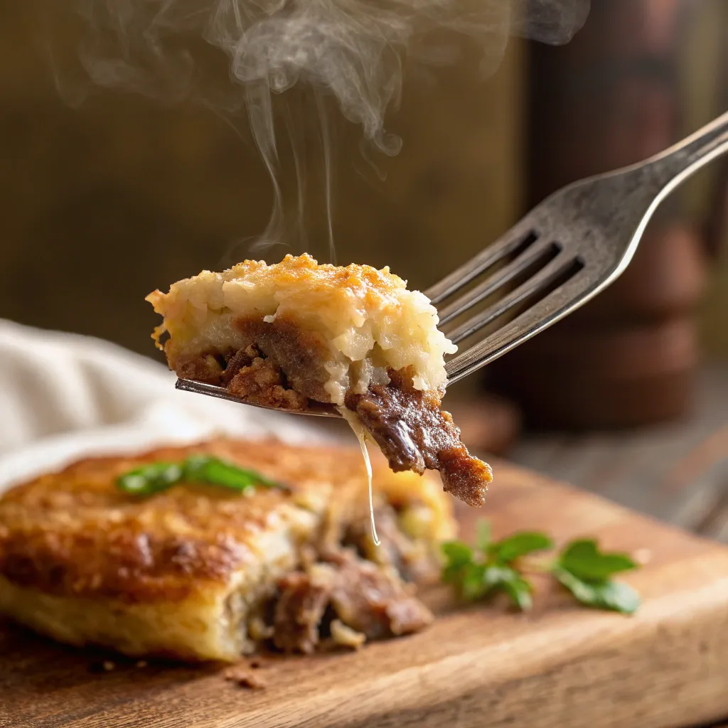 Gros plan sur une bouchée de parmentier de canard maison, purée fondante et viande confite.