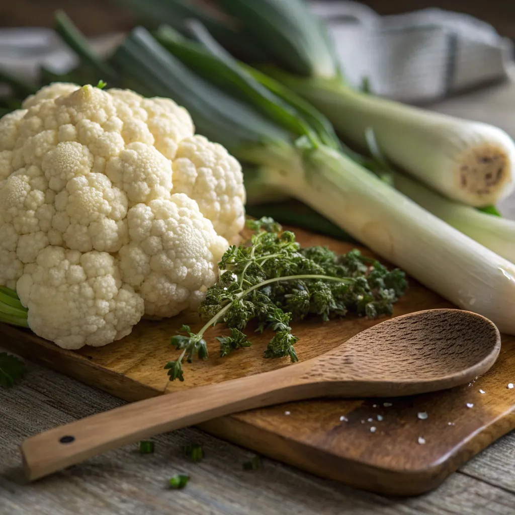 Comment Faire Une Soupe Au Chou- Fleur 2025 ? La Recette Simple Et Ses Variations Gourmandes 3 gros plan de chou fleur frais, poireaux et herbes