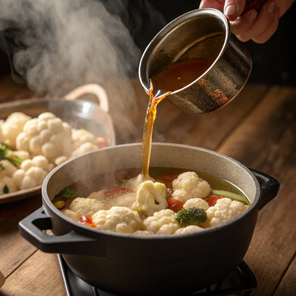 Comment Faire Une Soupe Au Chou- Fleur 2025 ? La Recette Simple Et Ses Variations Gourmandes 4 versement de bouillon chaud sur chou fleur et légumes en cuisson