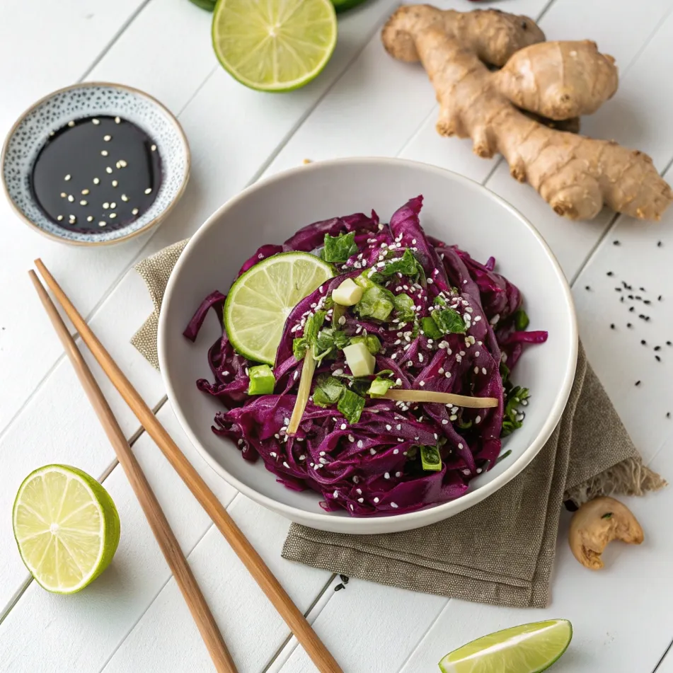 Salade de choux rouge mariné façon asiatique avec citron vert et gingembre