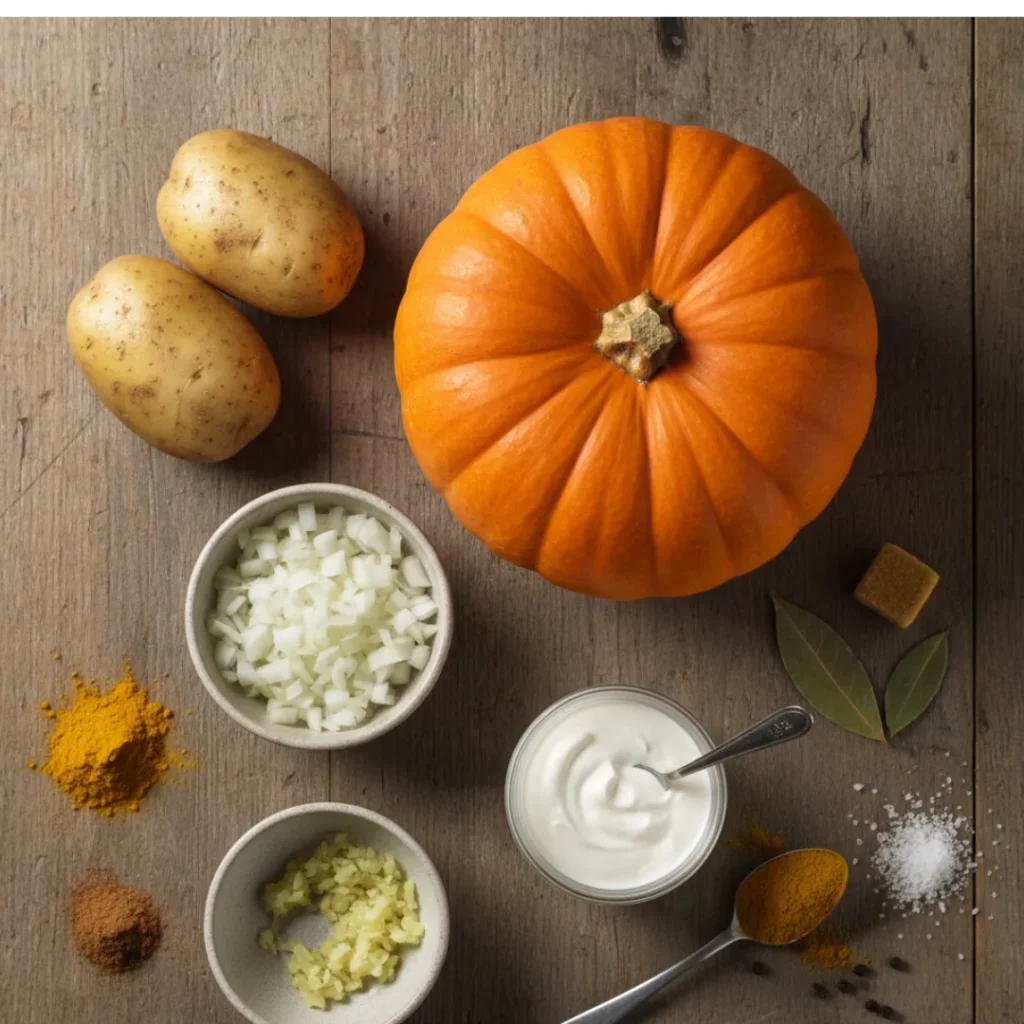 Velouté Potimarron Simple et Délicieux: La Recette Ultime 4 Photo culinaire avec potimarron entier, pommes de terre, oignons hachés, ail, crème fraîche, épices et herbes sur table rustique.
