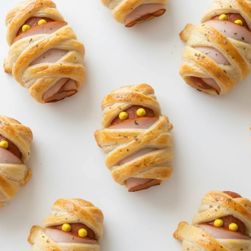 Recette Halloween Simple et Effrayante : Momies Feuilletées 4 Gros plan de momies feuilletées avec des yeux dessinés à la moutarde.