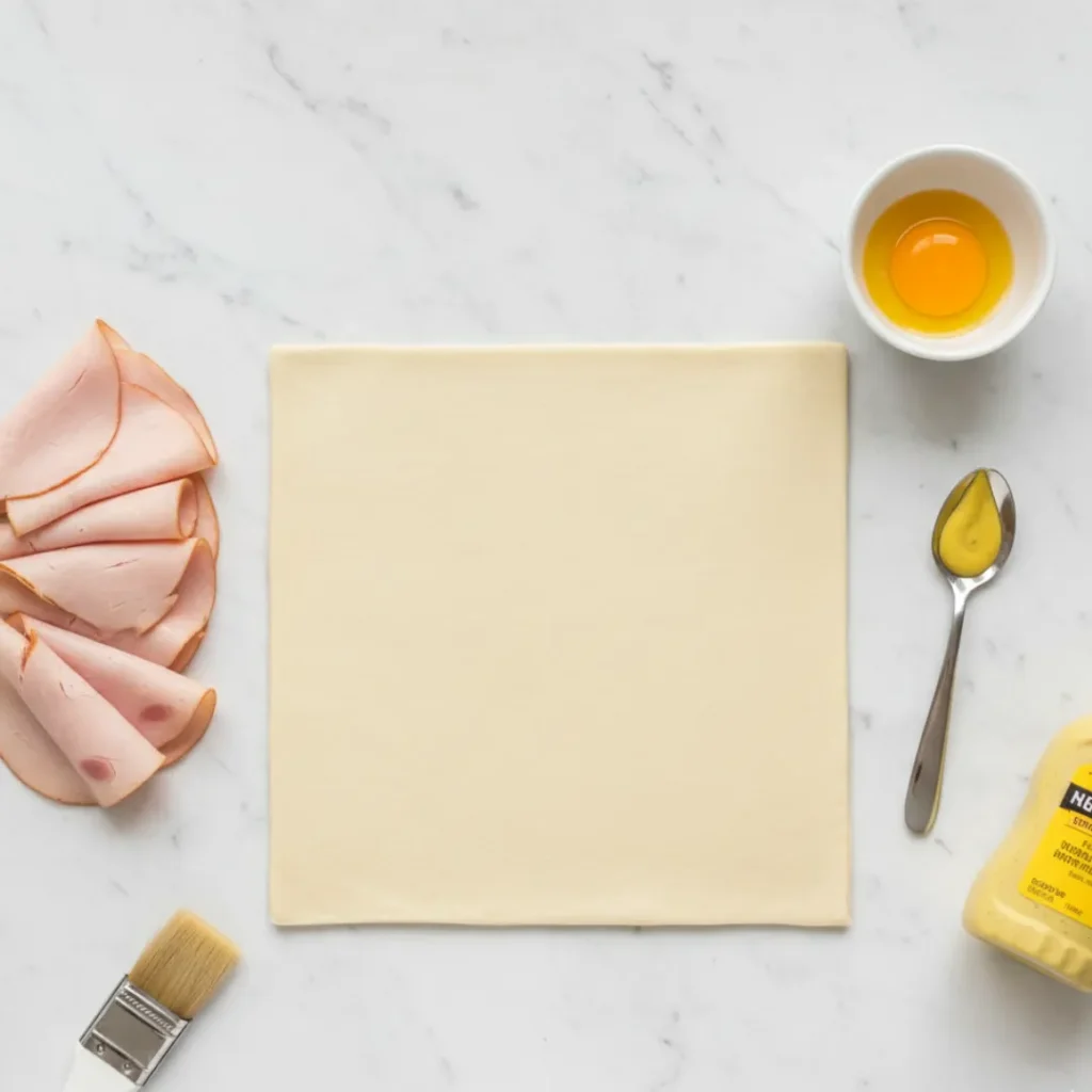 Recette Halloween Simple et Effrayante : Momies Feuilletées 3 Ingrédients pour préparer des momies feuilletées d’Halloween : pâte feuilletée, jambon, jaune d’œuf et moutarde.