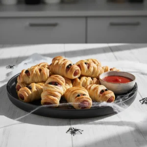 Recette Halloween Momies feuilletées dorées servies sur une assiette noire avec une coupelle de sauce tomate.