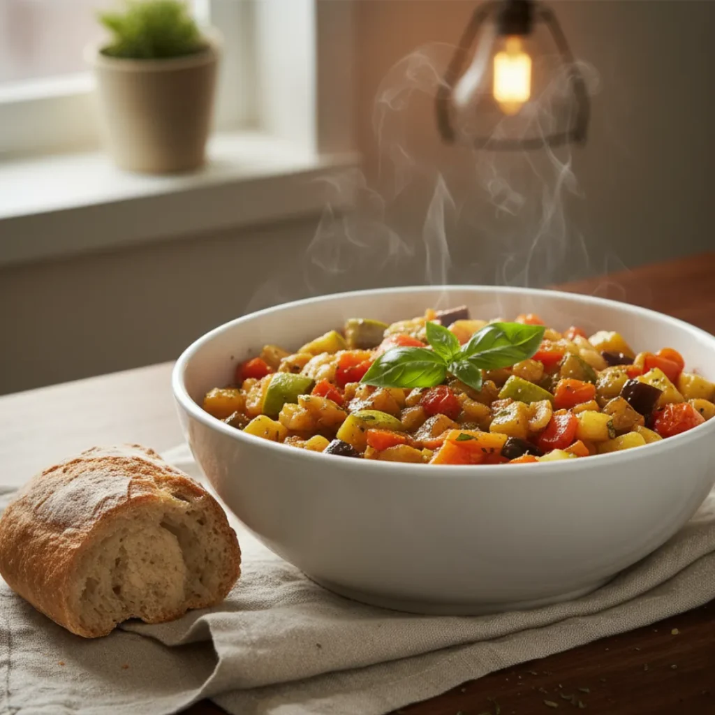 Recette Ratatouille Simple Et Gourmande : Découvrez L’art De La Cuisine Provençale 5 Ratatouille maison servie chaude avec pain de campagne
