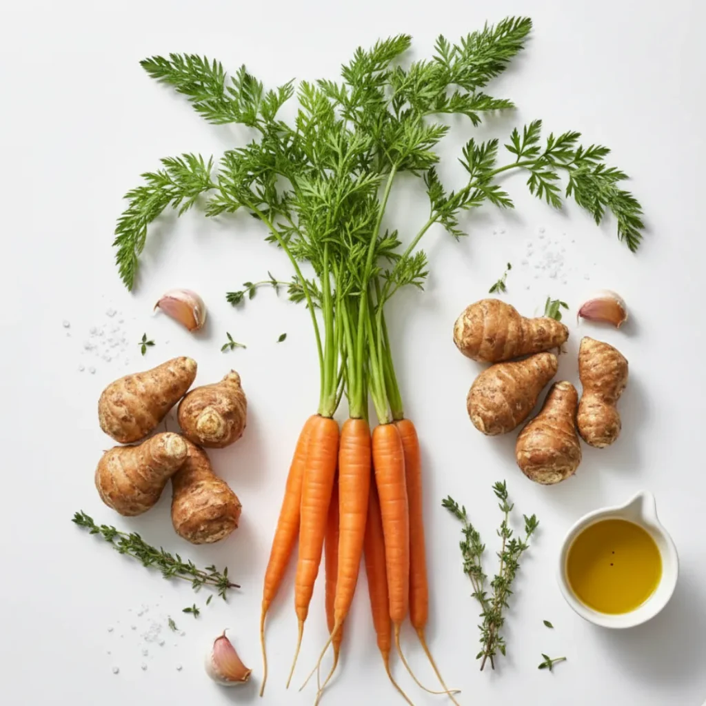 Incroyable Recette Automne Healthy: Poêlée Équilibrée 4 Carottes fraîches avec fanes, topinambours crus, gousses d’ail et brins de thym sur un plan de travail blanc.
