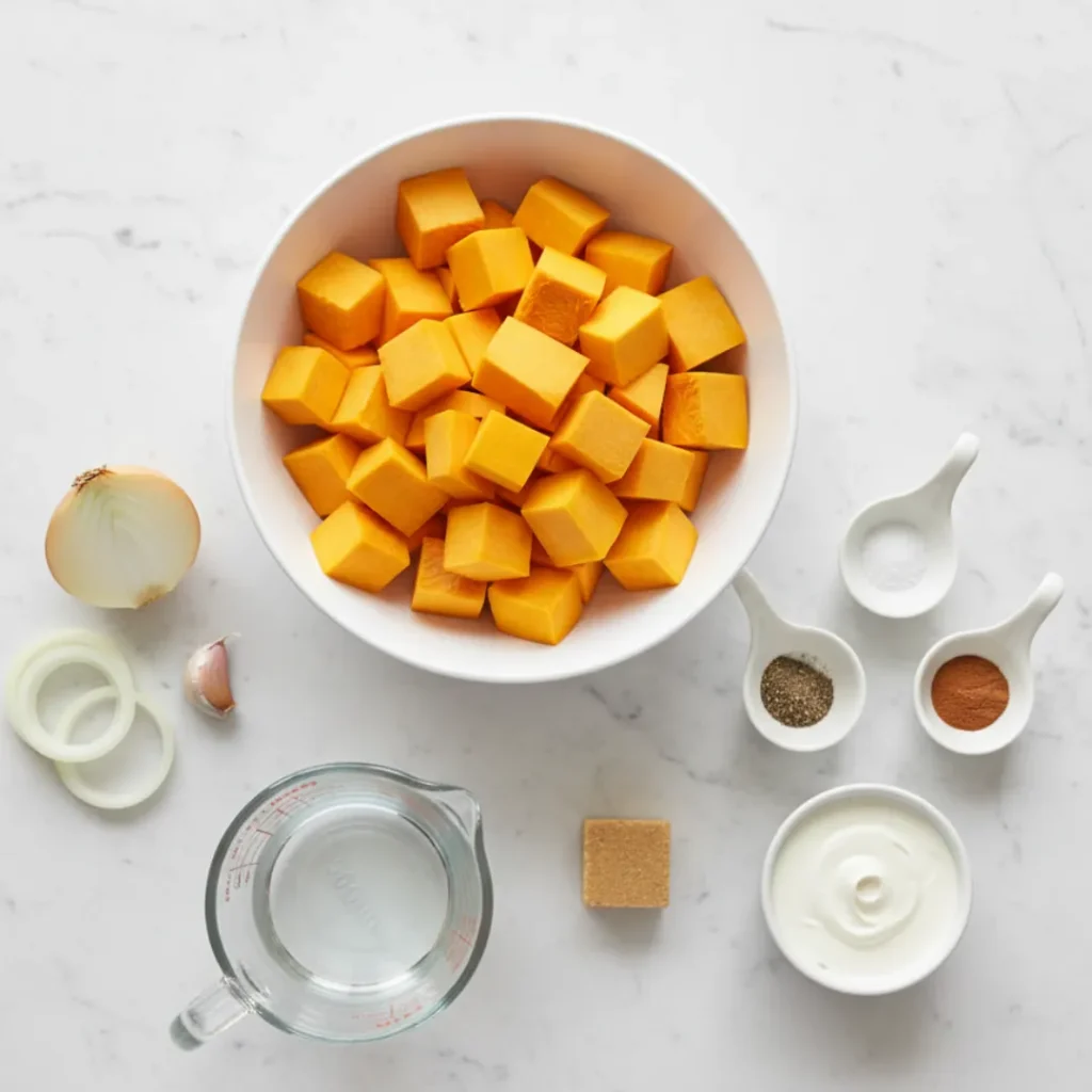 Incroyable Velouté Butternut Facile et Rapide 4 Ingrédients pour velouté butternut avec oignon, ail, épices et bouillon.